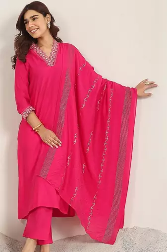 women ethnic motifs embroidered thread work kurta with trousers & dupatta
