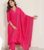 women ethnic motifs embroidered thread work kurta with trousers & dupatta