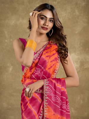 Pink bandhani printed embellished sequined saree 3