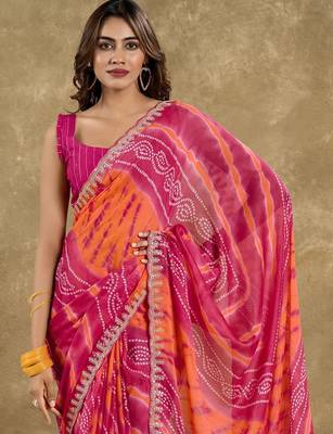 Pink bandhani printed embellished sequined saree 4