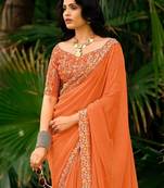 Orange striped printed sequinned  georgette saree