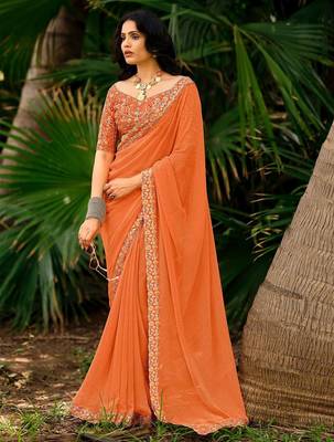 Orange striped printed sequinned  georgette saree 2