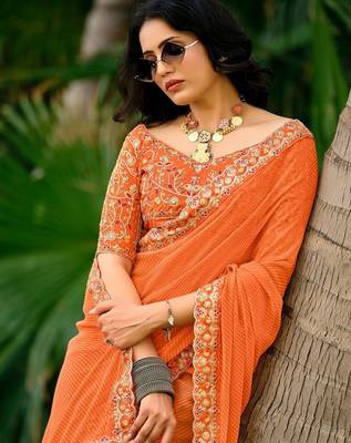 Orange striped printed sequinned  georgette saree 3