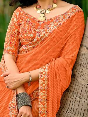 Orange striped printed sequinned  georgette saree 4