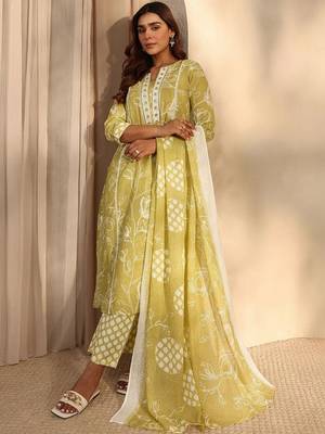 libas lime green floral printed cotton straight suit set with dupatta 1