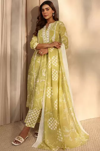libas lime green floral printed cotton straight suit set with dupatta