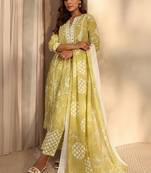 libas lime green floral printed cotton straight suit set with dupatta