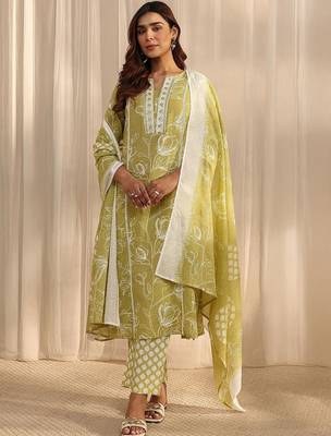 libas lime green floral printed cotton straight suit set with dupatta 2