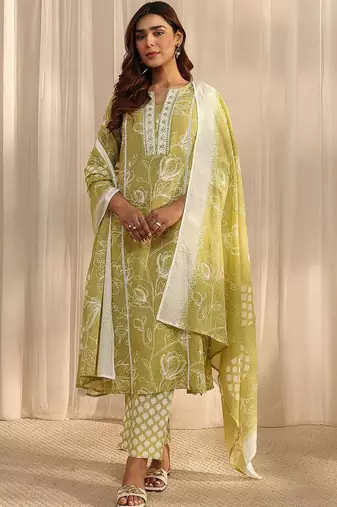 libas lime green floral printed cotton straight suit set with dupatta