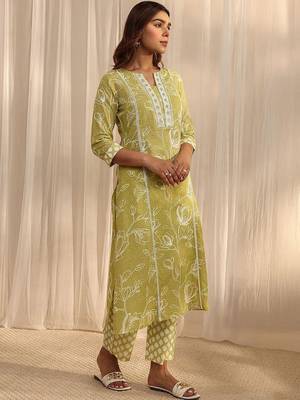 libas lime green floral printed cotton straight suit set with dupatta 3