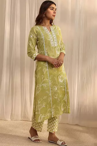 libas lime green floral printed cotton straight suit set with dupatta