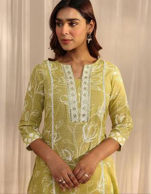 libas lime green floral printed cotton straight suit set with dupatta 4