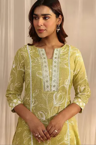 libas lime green floral printed cotton straight suit set with dupatta