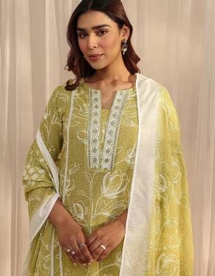 libas lime green floral printed cotton straight suit set with dupatta 5