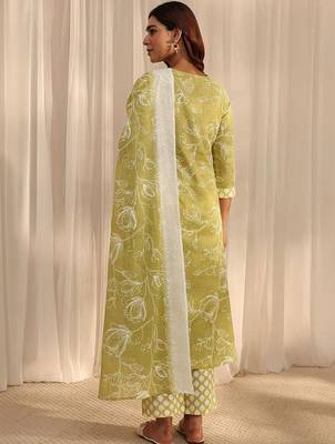 libas lime green floral printed cotton straight suit set with dupatta 6