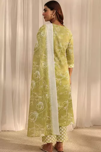 libas lime green floral printed cotton straight suit set with dupatta