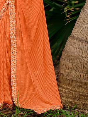 Orange striped printed sequinned  georgette saree 5