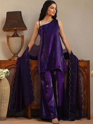 libas purple solid tissue one shoulder palazzo suit set 1