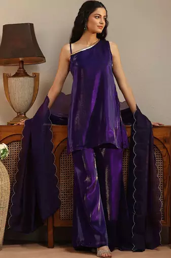libas purple solid tissue one shoulder palazzo suit set
