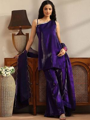 libas purple solid tissue one shoulder palazzo suit set 2