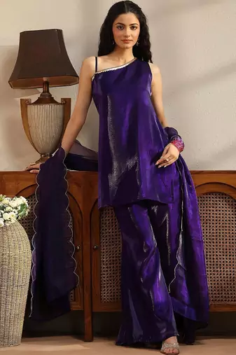 libas purple solid tissue one shoulder palazzo suit set