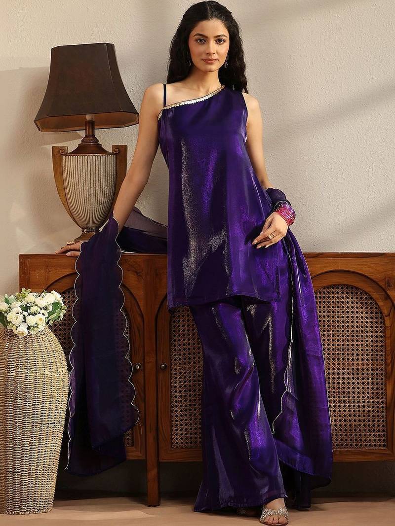 libas purple solid tissue one shoulder palazzo suit set