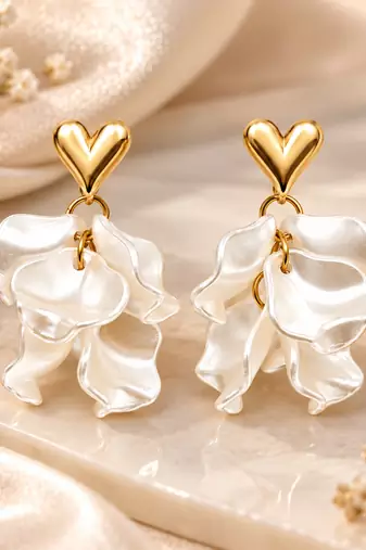Anti-tarnish jewellery, pearl-finish petals, gold-tone heart stud, dangle drop style, women's fashion