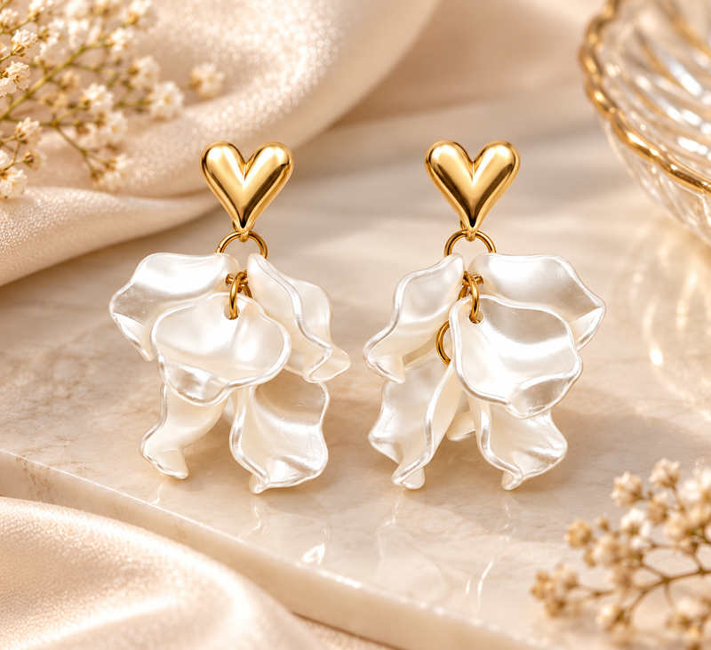 Anti-tarnish jewellery, pearl-finish petals, gold-tone heart stud, dangle drop style, women's fashion