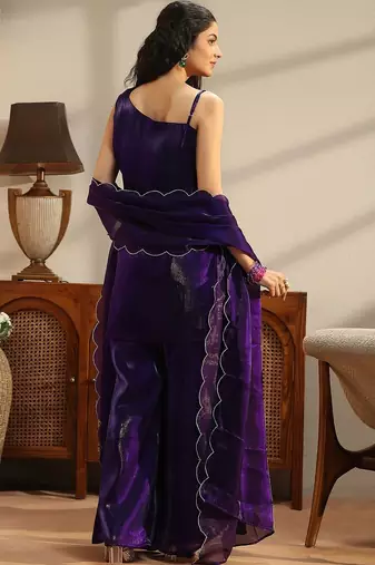 libas purple solid tissue one shoulder palazzo suit set