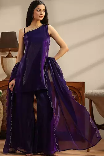libas purple solid tissue one shoulder palazzo suit set
