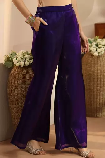 libas purple solid tissue one shoulder palazzo suit set