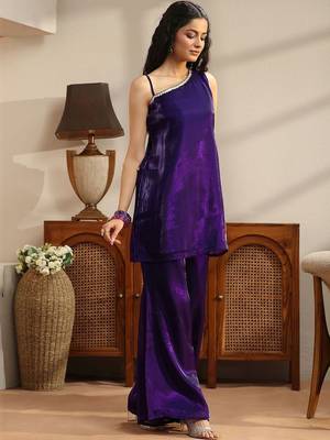 libas purple solid tissue one shoulder palazzo suit set 7