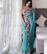 Teal floral embroidered organza saree