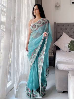 Teal floral embroidered organza saree 2