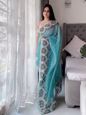 Teal floral embroidered organza saree 3