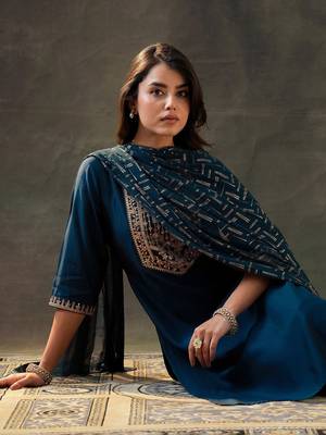 floral yoke design sequinned straight kurta with trousers & dupatta 2