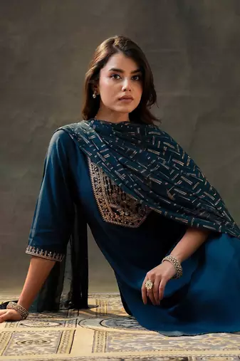 floral yoke design sequinned straight kurta with trousers & dupatta