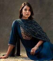 floral yoke design sequinned straight kurta with trousers & dupatta