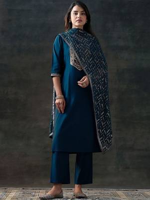 floral yoke design sequinned straight kurta with trousers & dupatta 1