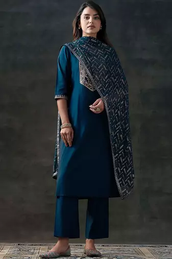 floral yoke design sequinned straight kurta with trousers & dupatta