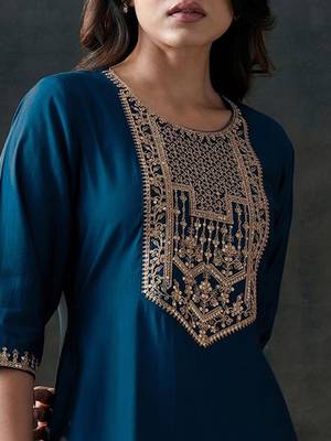 floral yoke design sequinned straight kurta with trousers & dupatta 3