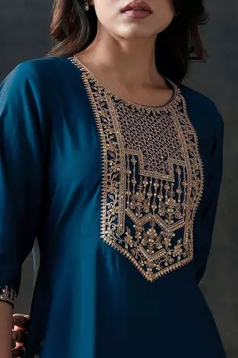floral yoke design sequinned straight kurta with trousers & dupatta