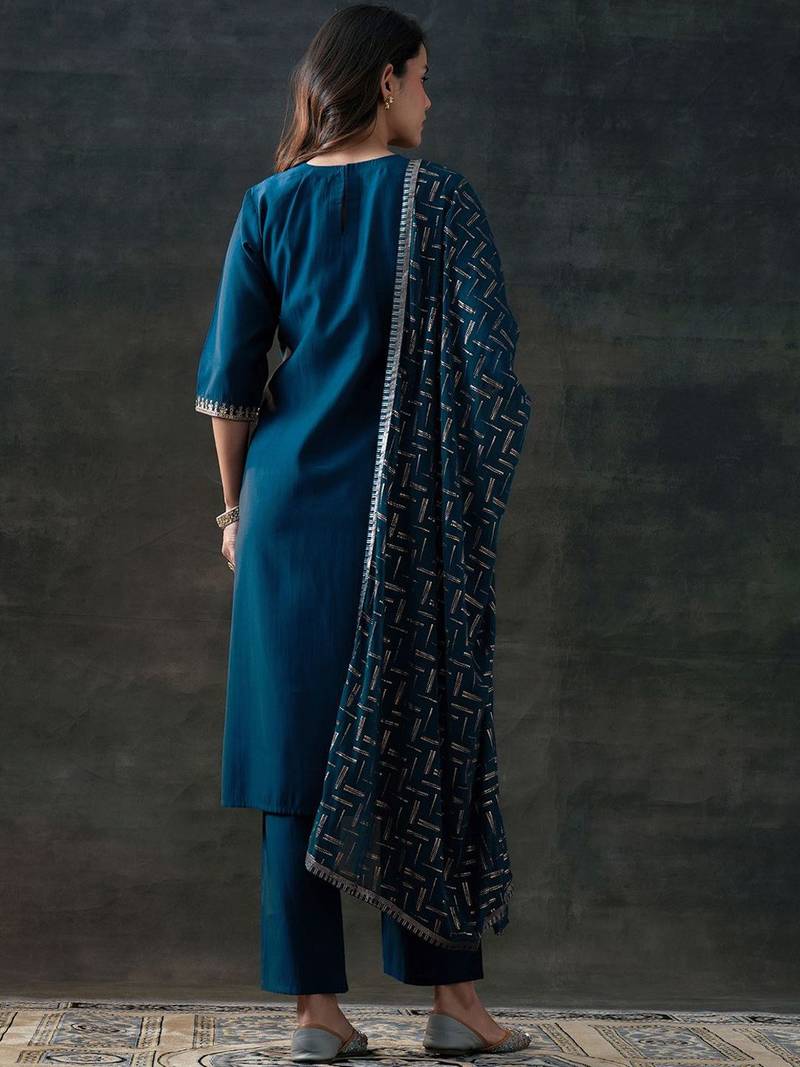 floral yoke design sequinned straight kurta with trousers & dupatta