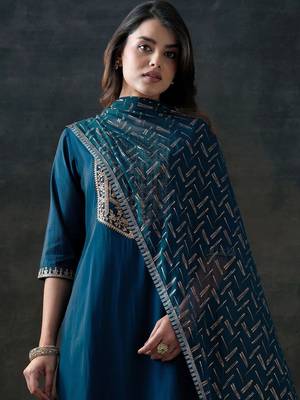 floral yoke design sequinned straight kurta with trousers & dupatta 6