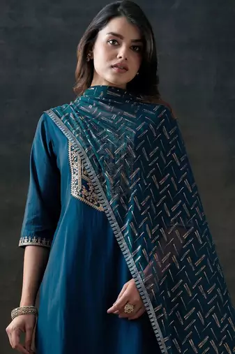 floral yoke design sequinned straight kurta with trousers & dupatta
