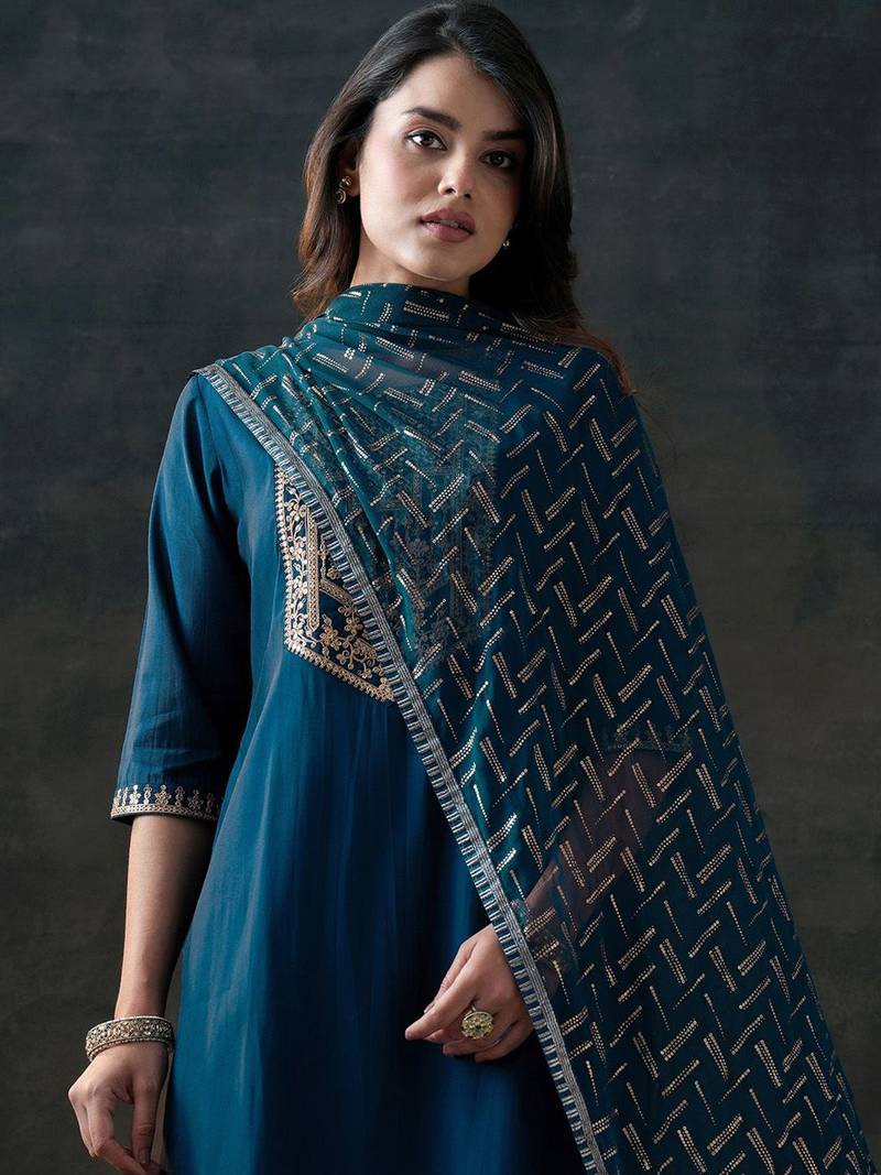 floral yoke design sequinned straight kurta with trousers & dupatta