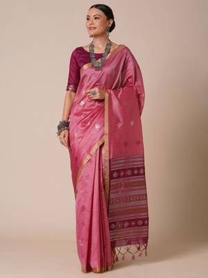 Pink ethnic motifs woven design zari banarasi saree 1