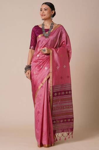 Pink ethnic motifs woven design zari banarasi saree