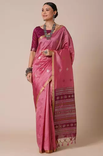 Pink ethnic motifs woven design zari banarasi saree