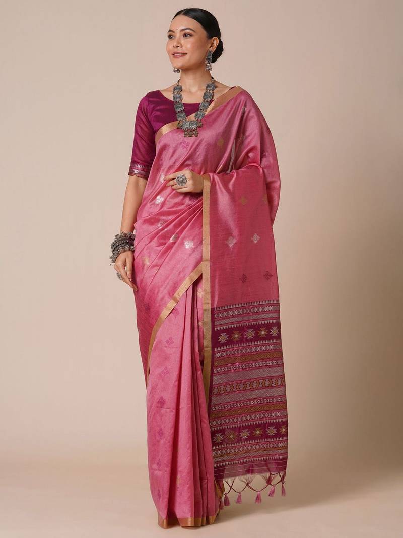 Pink ethnic motifs woven design zari banarasi saree